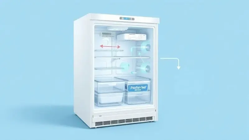Diagrama técnico ilustrando o funcionamento interno do sistema frost free em uma geladeira com setas de circulação de ar.
