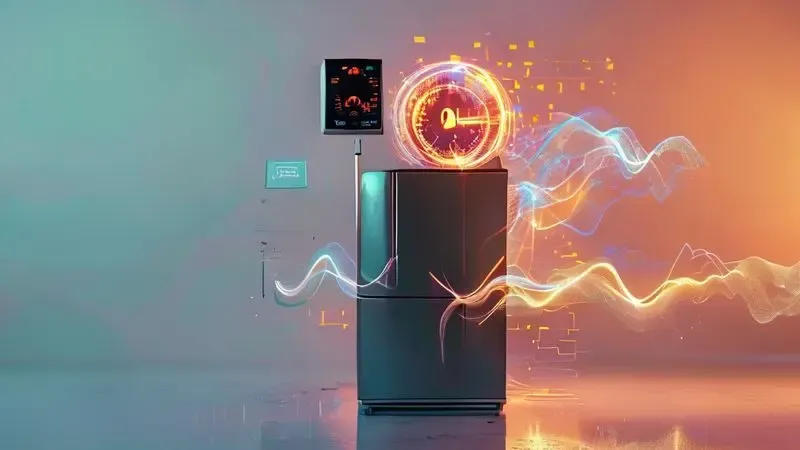 Representação conceitual de diagnóstico de consumo energético com medidor digital sobre silhueta de geladeira