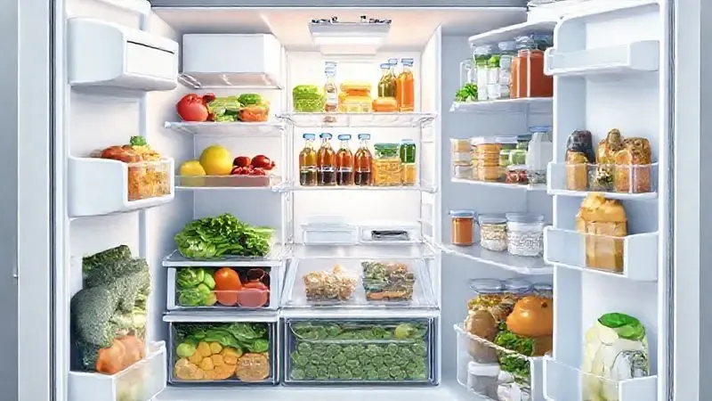 Ilustração de um interior de geladeira perfeitamente organizado, com alimentos separados em compartimentos para otimizar o espaço e a conservação.