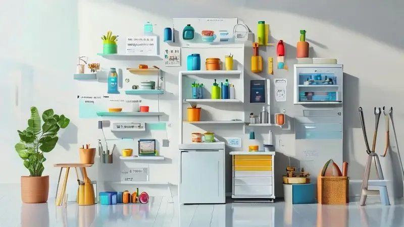 Ilustração conceitual dos passos para pintar geladeira em casa com materiais DIY