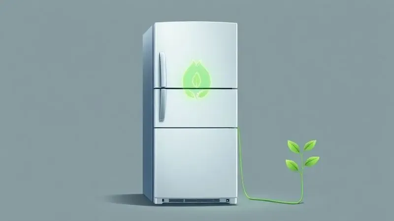 Ilustração conceitual de uma geladeira econômica, com um símbolo de folha verde, representando eficiência energética.
