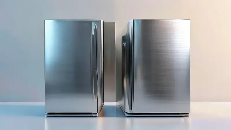 Comparação visual entre acabamento normal de geladeira e superfície com película prata inox protetora