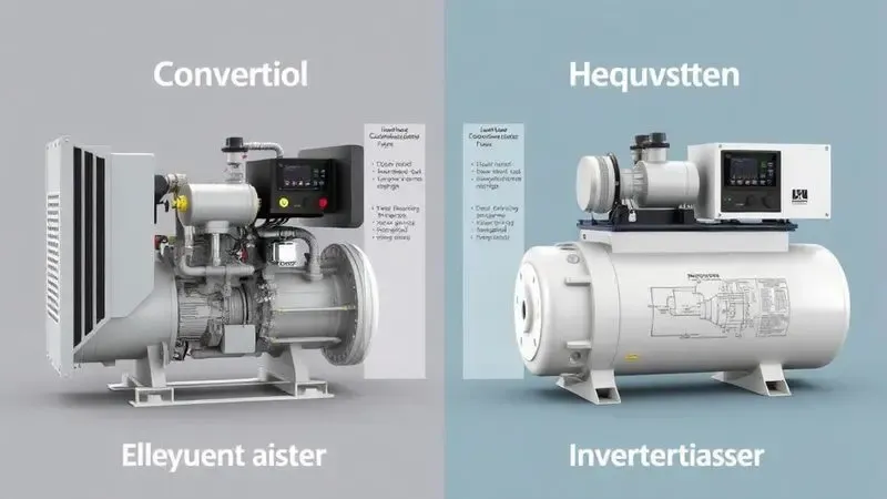 Ilustração 3D comparando tecnologias de compressor convencional e inverter com detalhes técnicos