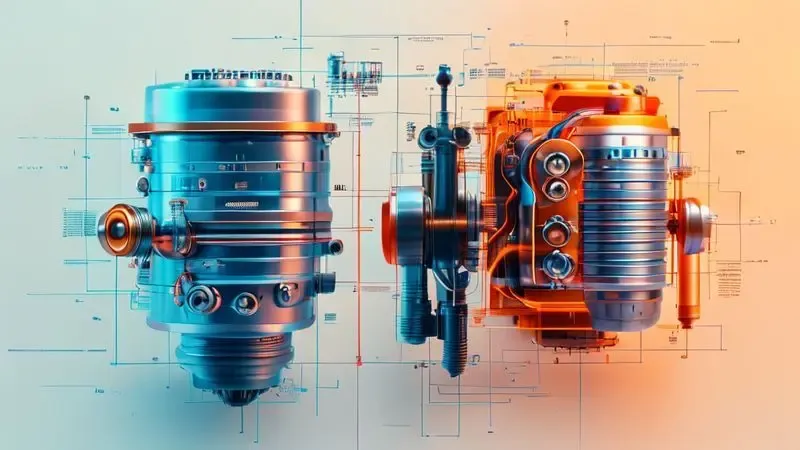 Comparação conceitual entre mecanismos de compressor tradicional e tecnologia inverter em diagrama técnico