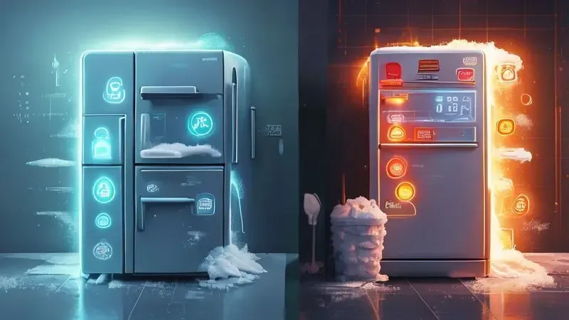 Comparação visual entre geladeira limpa e com gelo mostrando impacto no consumo de energia elétrica