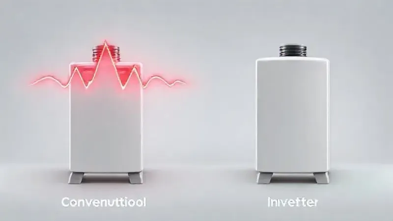 Ilustração conceitual comparando o consumo de energia estável de um compressor inverter com os picos de um compressor convencional.