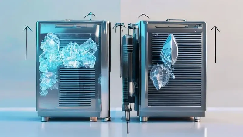 Comparação visual entre sistemas Cycle Defrost e Frost Free mostrando diferenças na formação de gelo