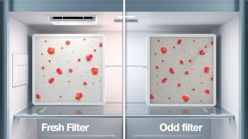 Ilustração comparativa de filtro antiodor novo versus filtro velho e saturado na geladeira