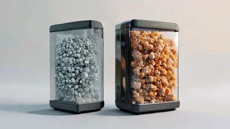 Comparação conceitual entre filtro secador novo e saturado mostrando sinais visuais de desgaste