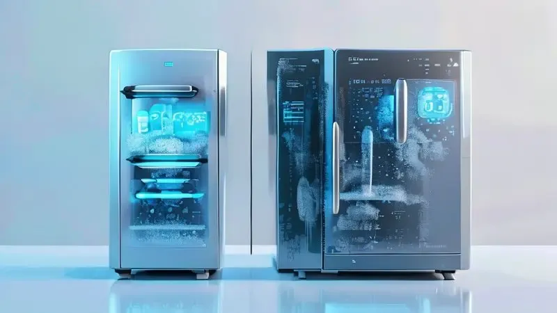 Comparação visual conceitual entre tecnologias Frost Free e Defrost em geladeiras e seu consumo energético