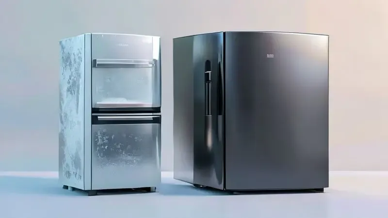 Comparação conceitual entre geladeira duplex tradicional e modelo frost free moderno