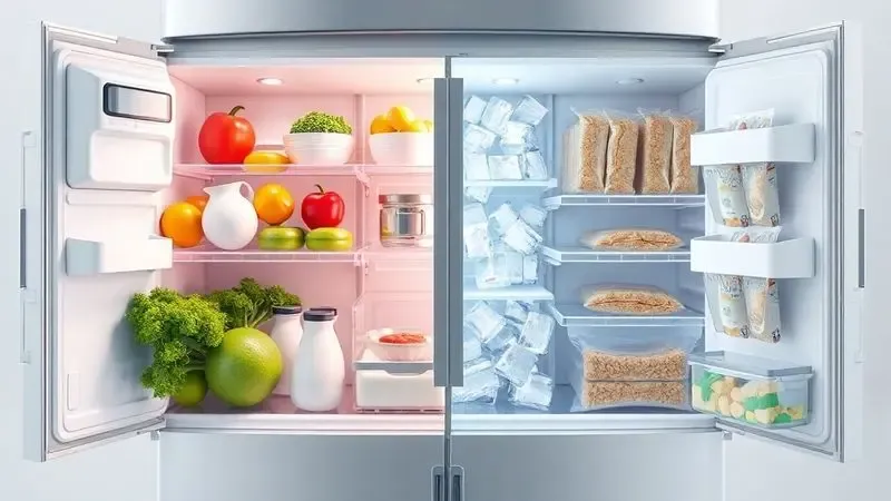 Comparação visual entre seção de geladeira com alimentos frescos e freezer com alimentos congelados