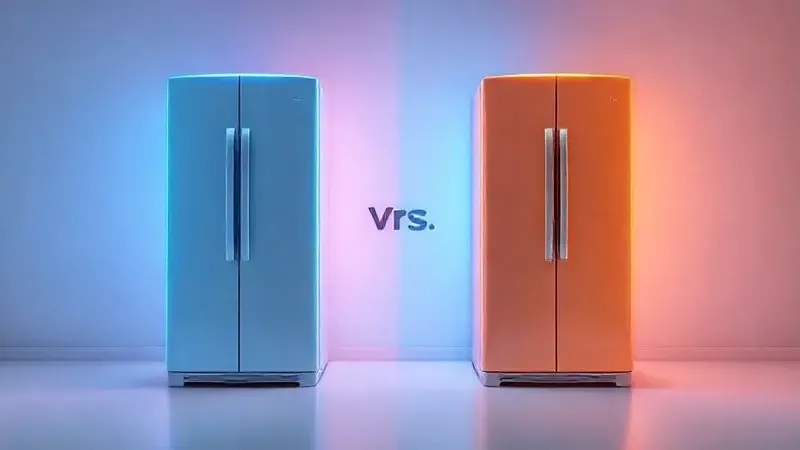 Ilustração conceitual de duas geladeiras inverse lado a lado, representando a comparação entre diferentes marcas e modelos concorrentes no mercado.