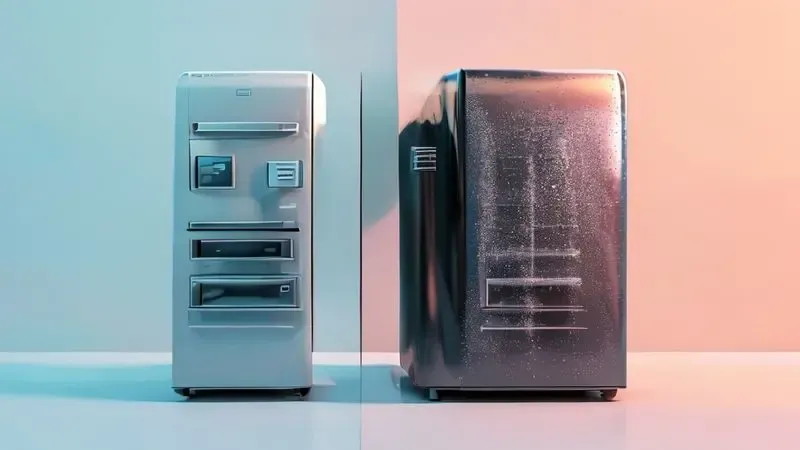 Comparação visual entre pintura com spray e envelopamento em vinil para transformação de geladeira