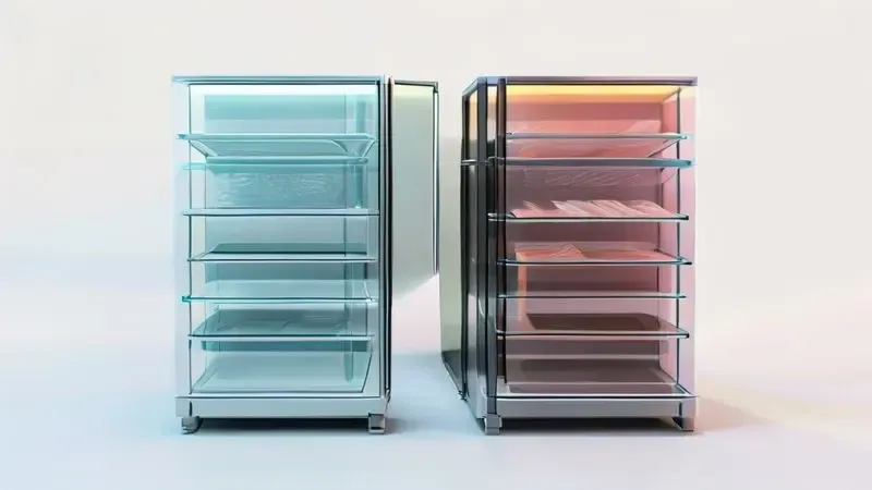 Comparação visual entre prateleira fixa e deslizante para geladeira em ilustração 3D