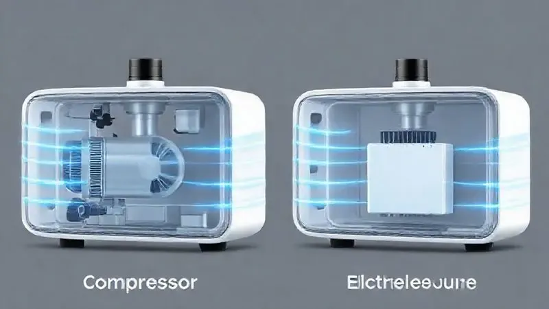 Ilustração mostrando a diferença de um purificador de água com sistema de compressor e um modelo com placa eletrônica (Peltier).