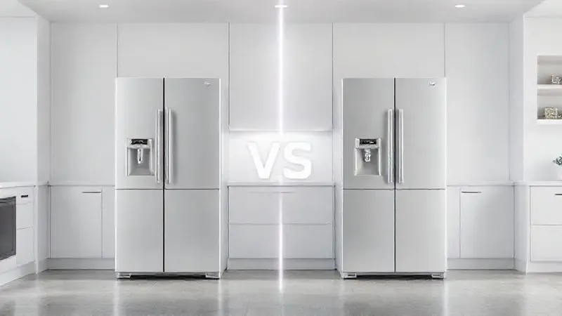Comparação visual de dois modelos de refrigeradores duplex de grande porte em um ambiente de cozinha limpo.