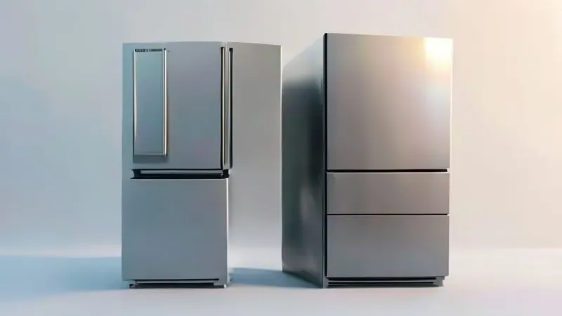 Comparação visual entre geladeira side by side com portas laterais e geladeira french door com portas superiores.