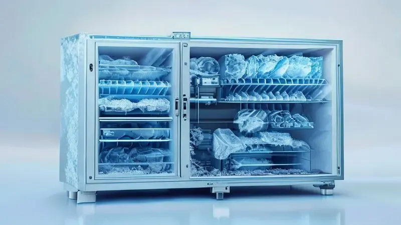 Ilustração técnica comparando sistemas frost free e defrost em geladeiras, mostrando diferenças na circulação de ar