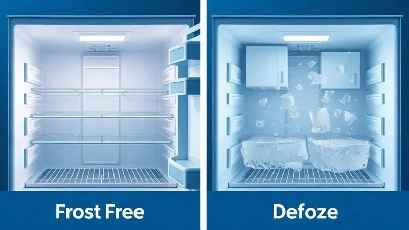 Ilustração conceitual e técnica comparando o sistema de circulação de ar frio seco Frost Free e a formação de gelo Defrost.