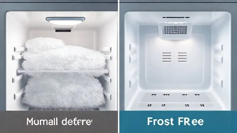 Imagem conceitual comparando um freezer com acúmulo de gelo (degelo manual) e um limpo (Frost Free).