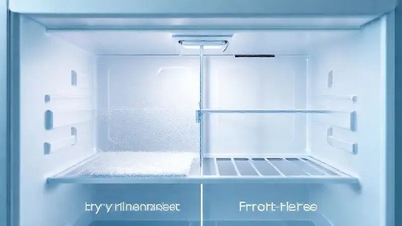 Render conceitual comparando o acúmulo de gelo em sistemas de degelo seco e frost free em um freezer.