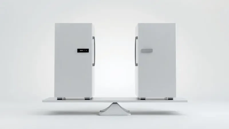 Ilustração de duas geladeiras genéricas em uma balança, simbolizando a comparação entre as marcas Brastemp e Electrolux para escolher a melhor.