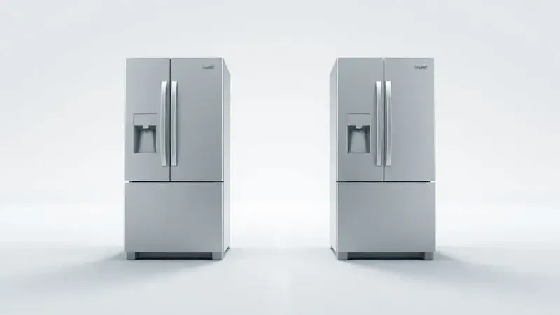 Ilustração de duas geladeiras em uma encruzilhada, representando a comparação e a escolha entre as marcas de refrigeradores.