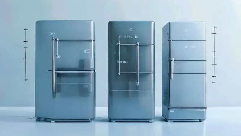 Render 3D comparativo de três tamanhos de geladeira com indicadores de volume transparentes e medidas em litros.