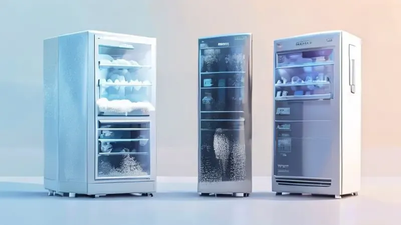 Comparativo visual conceitual das tecnologias de degelo frost free, cycle defrost e manual