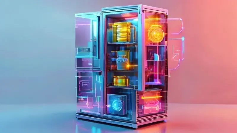Ilustração dos 5 componentes essenciais de um sistema de refrigeração em uma geladeira transparente