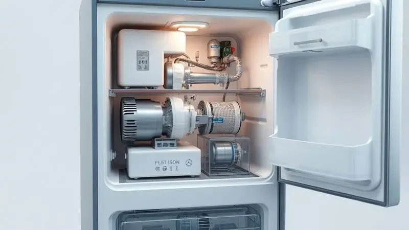 Componentes internos de geladeira em visualização conceitual, mostrando compressor, serpentinas e sistema de refrigeração