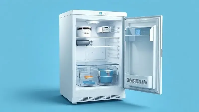Ilustração conceitual mostrando componentes internos de uma geladeira em vista transparente para fins educacionais.