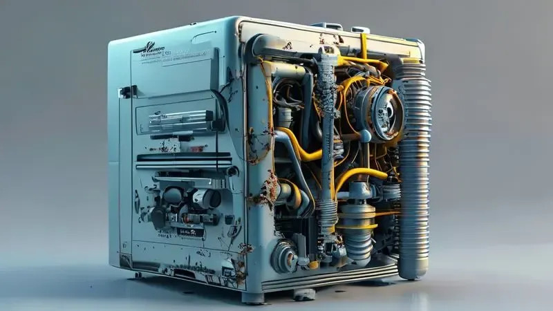 Ilustração conceitual de compressor de geladeira danificado por ligação prematura após transporte