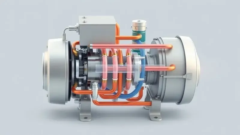 Ilustração técnica do compressor de geladeira em corte, mostrando fluxo do refrigerante e ciclo de compressão em cores realistas.