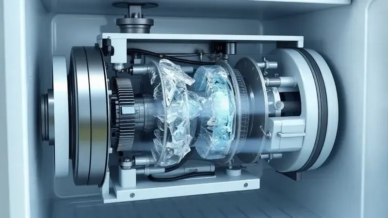Ilustração conceitual mostrando corte interno de compressor de geladeira com pistão travado por congelamento