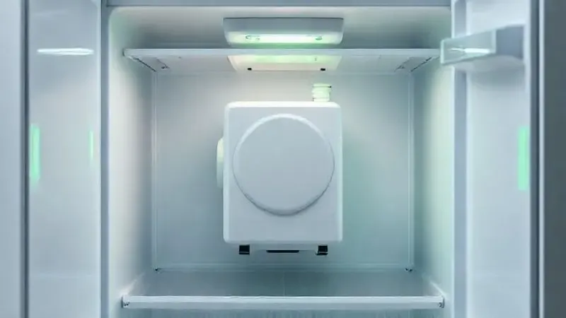 Ilustração 3D conceitual de um compressor inverter em funcionamento, destacando a economia de energia da geladeira.