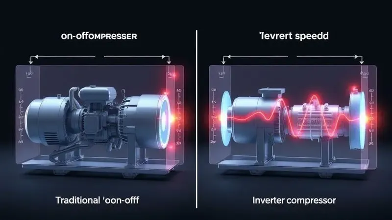 Comparação conceitual 3D entre compressores on-off e inverter mostrando diferenças no comportamento da capacidade