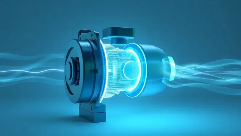 Ilustração 3D conceitual de um compressor Inverter em funcionamento contínuo e silencioso, destacando a eficiência energética.
