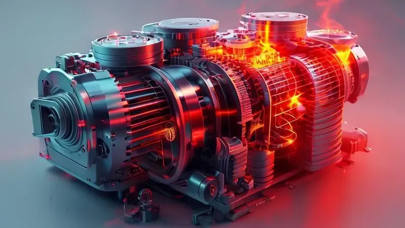 Compressor de geladeira superaquecido mostrando seção transversal com efeitos de temperatura.