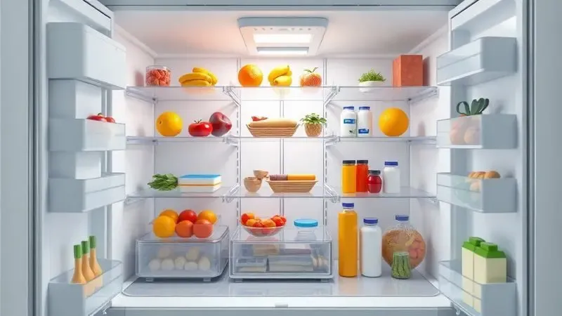 Ilustração conceitual do interior de uma geladeira com armazenamento otimizado e alimentos organizados, representando a capacidade e organização.