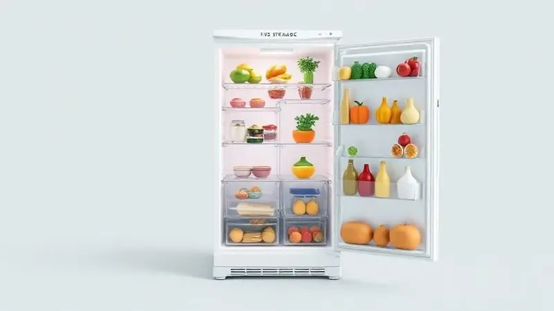 Ilustração conceitual do interior de uma geladeira espaçosa e organizada, simbolizando a alta capacidade de armazenamento de alimentos.
