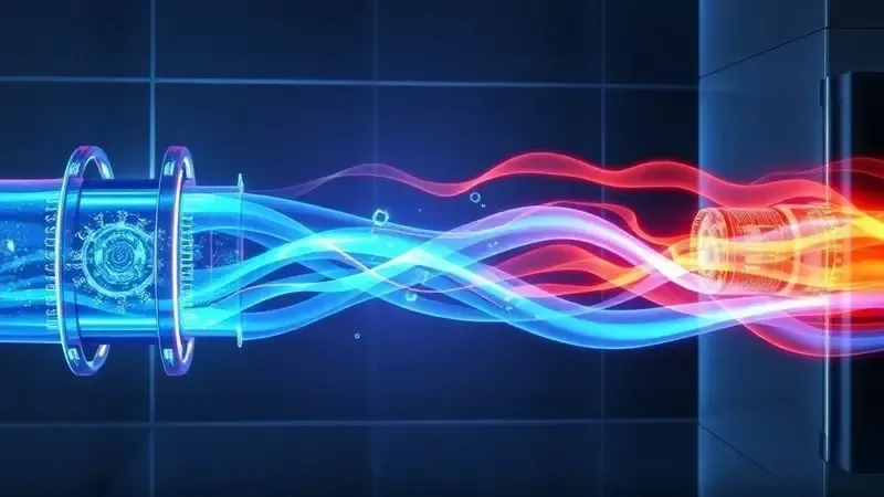 Representação conceitual 3D do fluxo de capacidade de refrigeração mostrando transferência de calor em sistema de geladeira