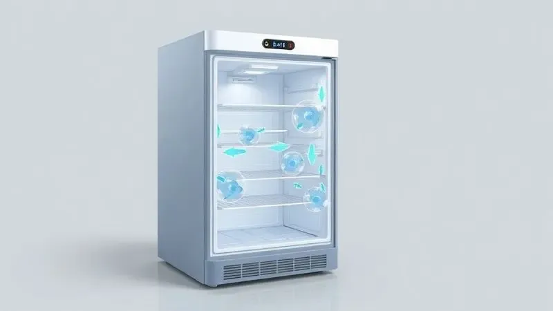 Ilustração conceitual 3D mostrando seção transversal de geladeira com condensação externa e fluxo de ar