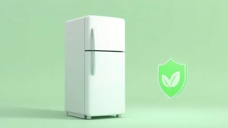 Conceito de eficiência energética com uma ilustração de geladeira ao lado de um ícone de folha verde, representando baixo consumo de energia.