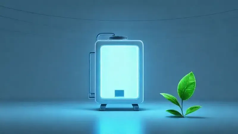 Ilustração conceitual de um motor de refrigerador eficiente com luz azul, simbolizando economia de energia e sustentabilidade.