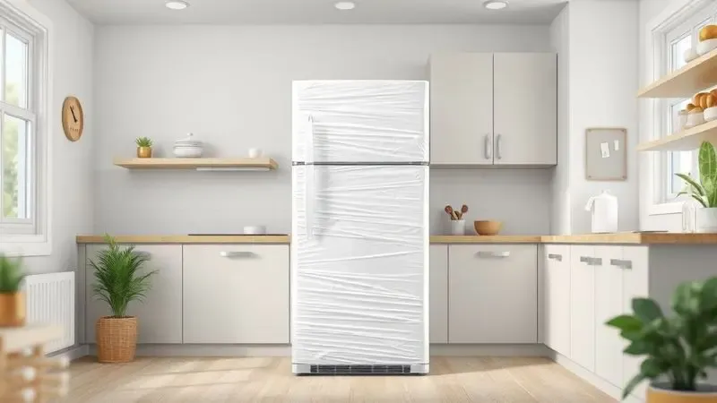 Ilustração conceitual de envelopamento de geladeira com adesivo genérico em cozinha residencial.