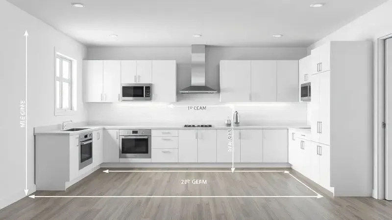 Cenário conceitual de medição de espaço para instalação de eletrodomésticos na cozinha com indicações visuais