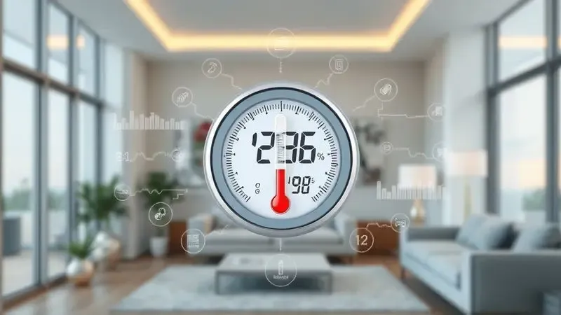 Ilustração conceitual de termômetro monitorando variações de temperatura em ambiente interno moderno