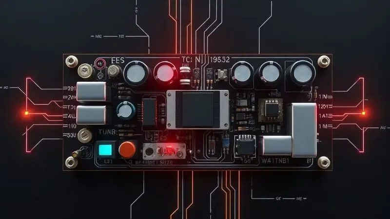 Ilustração conceitual de placa de potência de geladeira com componentes eletrônicos e fluxo de energia